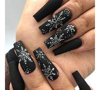 Bufenia 24 unghie finte natalizie a forma di bara di neve, ballerina, finte unghie, glitterate, in acrilico, quadrate per donne e ragazze (G)