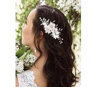 Bufenia Fermagli per capelli con fiori bianchi da sposa Accessori per capelli da sposa in argento Fermagli per capelli da sposa con foglie e strass per donna