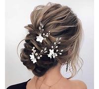Bufenia Fermagli per capelli da sposa in cristallo Pezzi per capelli da sposa con fiori bianchi Accessori per capelli da damigella d'onore per la sposa fatti a mano, confezione da 3 (Argento)