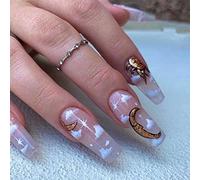 Bufenia French Bara Unghie Finte Flash Gradient Nudo Rosa Premere sulle Unghie Glitter Cuore Strass Ballerina Unghie Finte Unghie Acriliche Lucide per Donne e Ragazze 24 Pezzi (Sole e Luna)