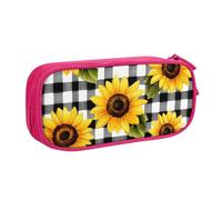 Buffalo - Astuccio a quadri con girasole per ragazzi e ragazze, grande astuccio per penne da scrivania, cancelleria, astuccio per scuola, ufficio, borsa per trucchi con cerniera, Blu, 21x5x10.5cm