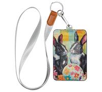 Buffalo Plaid Bunny Conigli Happy Easter Porta badge in pelle da donna con cordino e capacità di 3 carte di sicurezza porta carte di sicurezza per impiegati, infermieri, insegnanti, studenti