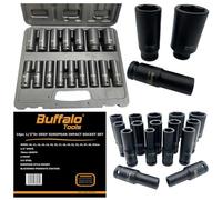 Buffalo Tools Set di 16 bussole a impatto profondo da 1/2", metriche, 10 mm-32 mm, 6 punti, in acciaio al cromo vanadio resistente, finitura antiruggine, viene fornito in custodia