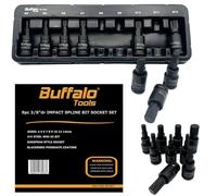 Buffalo Tools Set di 9 punte a bussola a impatto scanalato da 3/8", M4-M14, in acciaio al vanadio resistente, finitura antiruggine, set di utensili da 4 mm-14 mm con vassoio portaoggetti