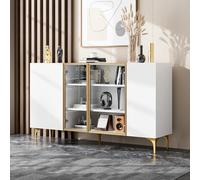 Buffet 150x38x85 cm semplice ed elegante quattro ante senza maniglie in vetro bianco e metallo per soggiorno o sala da pranzo