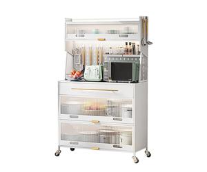 Buffet da cucina a buffet per sala da pranzo e cucina, buffet semi-aperto con piano di lavoro e cassetto, armadio da cucina con porte, armadietto alto con 4 ganci e 1 cesto sospeso, armadio multiuso
