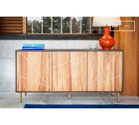 Buffet in legno, stile scandinavo, 152x45x76cm, design grafico e contrasti di legno, dettagli in ottone, gambe regolabili