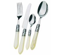 BUGATTI, Aladdin, Set Posate 4 Pezzi in Acciaio Inox 18/10, ghiera cromata e Manico Colore Avorio Effetto Madreperla. Set 1 Persona Composto da Cucchiaio, forchetta, Coltello e cucchiaino caffè