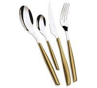 BUGATTI, Glamour, Set Posate 4 Pezzi in Acciaio Inox 18/10 e Manico Colore Oro. Servizio Posate per 1 Persone Composto da 1 Cucchiaio, 1 forchetta, 1 Coltello e 1 cucchiaino caffè