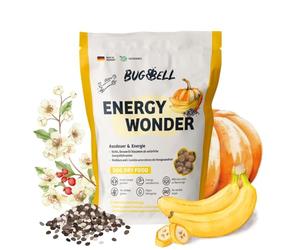 BugBell 800 g di cibo secco ad alta energia per cani, proteine degli insetti senza cereali, banana e zucca e olio di salmone e L-carnitina supportano una vita attiva del cane, dichiarazione