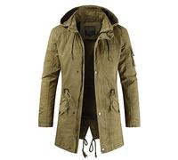 BUGGOF Giacca Cappuccio Uomo Media Lunghezza Orlo Diviso Giacca Casual Uomo Tinta Unita Primavera Autunno Zip Giacca Uomo Stand-Up Collar Tasche Coulisse Maniche Lunghe Giacca Uomo C-Khaki 4XL