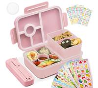 Bugucat Contenitore per il pranzo Bento da 1300 ml, con 16 adesivi, a prova di perdite, con 4 scomparti, posate per bambini e adulti, per scuola, asilo, ufficio, rosa