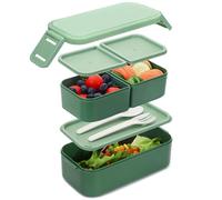 Bugucat Lunch Box 1300ML, 2 Strati Porta Pranzo con 3 Scomparti, Contenitore Pranzo Impilabile Porta Portapranzo da Ufficio, Bento Box con Forchetta e Cucchiaio Microonde Sicuro,Verde