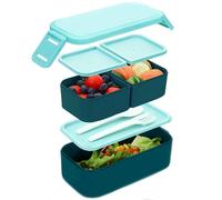 Bugucat Lunch Box 1300ML, 2 Strati Porta Pranzo con 3 Scomparti, Contenitore Pranzo Impilabile Porta Portapranzo da Ufficio, Bento Box con Forchetta e Cucchiaio Microonde Sicuro,Blu