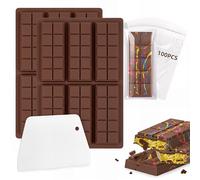 Bugucat Set di 2 stampi per cioccolato con raschietto e 100 sacchetti di imballaggio, stampo in silicone per cioccolato, perfetto per il cioccolato fai da te (quadrato)
