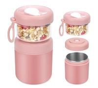 Bugucat Tazza Per Cereali In Acciaio Inox, 530 ml + 330 ml, A Prova Di Perdite, Contenitore Per Il Pranzo Con Cucchiaio, Pratico Scomparto Per Yogurt E Cereali, Per Lavoro, Scuola, Picnic,Rosa