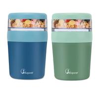Bugucat -Tazza per muesli, yogurt to go, 150 ml + 500 ml, a prova di perdite, contenitore per il pranzo con cucchiaio, per frutta o insalata, da viaggio, adatta per porridge, 2 pezzi, blu e verde