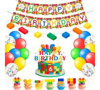Building Block Decorazioni per Feste di Compleanno,53pcs Blocchi Decorazione Set-Banner di Compleanno a Blocchi di Costruzione Palloncini Cake Topper etc Forniture per Feste Building Blocks
