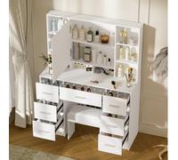 Buildonely Grande tavolo da toeletta con sgabello e specchio e illuminazione, 3 temperature di colore con luminosità regolabile, tavolo cosmetico con 7 cassetti, 40 x 100 x 140 cm, SD5210