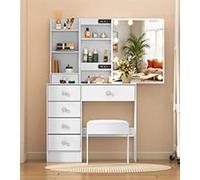 Buildonely Tavolo da toeletta con illuminazione a LED, 3 temperature di colore e luminosità regolabile, tavolo da toeletta con sgabello e specchio, tavolo cosmetico con 6 cassetti, moderno, 36 x 80 x