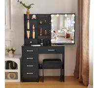 Buildonely Tavolo da toeletta con illuminazione e sgabello, 3 temperature di colore e luminosità regolabile, tavolo da toeletta con specchio, tavolo da toeletta con 4 ripiani, 36 x 80 x 131 cm, SD2910