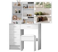 Buildonely Tavolo da toeletta con illuminazione e sgabello, toeletta con specchio per trucco, 6 cassetti e 4 ripiani per camera da letto, bianco, SD0710