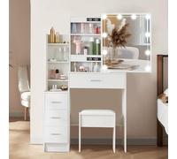 Buildonely Tavolo da toeletta con specchio e illuminazione LED, 3 temperature di colore e luminosità regolabile, 1 sgabello, bianco, 139 x 83 x 36 cm