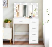Buildonely Tavolo da toeletta con specchio grande e illuminazione LED, 3 temperature di colore e luminosità regolabile, tavolo cosmetico con 5 cassetti, moderno, bianco, 36 x 80 x 130 cm, SD5010