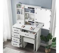 Buildonely Tavolo da Toeletta per Bambina, Toeletta da Trucco Bianco con Specchio Hollywood et 10 Luci LED, Luminosità Regolabile, Tavolo da Trucco con 6 Cassetti, 1 Sgabello, Bianco
