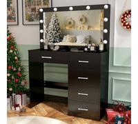 Buildonely Tavolo da Toeletta per Bambina, Toeletta da Trucco con Specchio Hollywood et 11 Luci LED, Luminosità Regolabile, Tavolo da Trucco con 5 Cassetti, Nero
