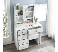 Buildonely Tavolo da Trucco con Luci LED e Specchio, Toeletta da Trucco con 6 Cassetti, 4 Ripiania, 1 Sgabello per Bambina, Luminosità Regolabile e 3 Temperature di Colore, 36x80x131cm