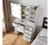 Buildonely Tavolo da Trucco con Specchio e Luci LED, Luminosità Regolabile e 3 Temperature di Colore, Toeletta da Trucco con 5 Cassetti, 1 Sgabello, Moderno, Bianco, 36x80x131cm