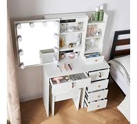 Buildonely Toeletta da Trucco con Luci LED, Luminosità Regolabile, Tavolo da Trucco Moderno con Specchio, 4 Ripiani, 6 Cassetti, 1 Sgabello, 36x80x131cm