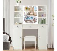 Buildonely Toeletta da Trucco con Specchio e Luci LED, Luminosità Regolabile, Tavolo da Trucco con 3 Cassetti e 1 Sgabello, 4 Ripiani Aperte, 100x40x140cm, Bianco