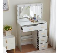 Buildonely Toeletta Trucco con 11 Luci LED, 3 Colori e Luminosità Regolabile, Tavolo da Trucco con Grande Specchio, Toilette da Trucco con 5 Cassetti, 80x36x131cm, Bianco