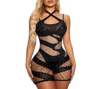 Buitifo Body da donna, calza con strass, abbigliamento da rave, abbigliamento da discoteca(TK nero3,M)