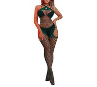 Buitifo Donna Biancheria Intima Sexy Abiti da Notte Halter Calze del Corpo One Piece Fishnet Mini Top e Collanti(Verde Scuro,M)