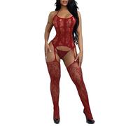 Buitifo Donna Fishnet Bodystocking Lingerie Donna Sexy Intima Pizzo Halter Babydoll Trasparente Pigiama Sleepwear(rosso scuro GB,Taglia unica)