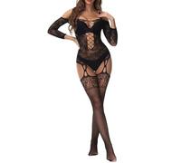 Buitifo Donna Fishnet Bodystocking Lingerie Donna Sexy Intima Pizzo Halter Babydoll Trasparente Pigiama Sleepwear(nero JC,Taglia unica)