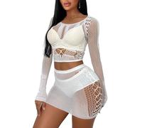 Buitifo Donne Lingerie Set Sexy Mesh Due Pezzi Set Maniche Lunghe Top e Gonne Bodycon(Bianco,Taglia Unica)
