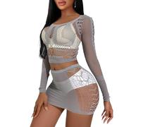 Buitifo Donne Lingerie Set Sexy Mesh Due Pezzi Set Maniche Lunghe Top e Gonne Bodycon(Grigio,Taglia Unica)
