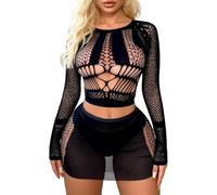 Buitifo Donne Lingerie Set Sexy Mesh Due Pezzi Set Maniche Lunghe Top e Gonne Bodycon(Nero,Taglia Unica)