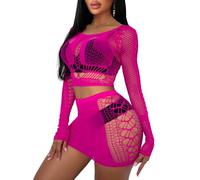 Buitifo Donne Lingerie Set Sexy Mesh Due Pezzi Set Maniche Lunghe Top e Gonne Bodycon(Rosa,Taglia unica)