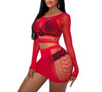 Buitifo Donne Lingerie Set Sexy Mesh Due Pezzi Set Maniche Lunghe Top e Gonne Bodycon(Rosso,Taglia Unica)