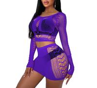 Buitifo Donne Lingerie Set Sexy Mesh Due Pezzi Set Maniche Lunghe Top e Gonne Bodycon(Viola,Taglia Unica)