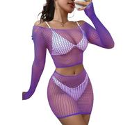 Buitifo Lingerie da Donna a Rete Mini Abito Camicia da Notte Sexy Biancheria Intima Bodysuit Pigiama Set(Viola 19,Taglia unica)