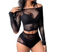 Buitifo Lingerie Donna Set Bodysuit,Biancheria da Notte Sexy,Costume da Teschio, per Halloween(Nero GT,Taglia Unica)