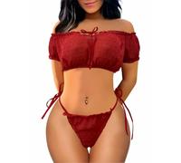 Buitifo Set di Biancheria Intima da Donna in Pizzo Reggiseno Sexy e Mutandine Pigiama Set(Rosso,S)