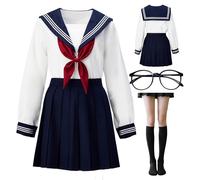 BUITVOZE Scuola giapponese Ragazze Sailor Dress Shirt Uniforme Anime Cosplay Costumi uniforme con calzini occhiali telaio set, classico bianco, fotografia cosplay, scuola ragazza vestito JK uniforme