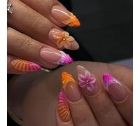 Bukecagif 24 pezzi Unghie finte a pressione Almond, arancione, rosa e viola gradiente, decorazioni floreali 3D e gioielli, per diverse occasioni, con gel jelly e lima